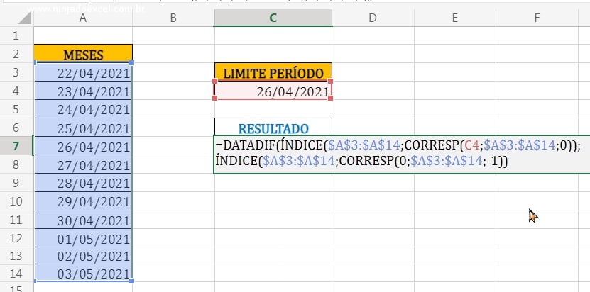 Aplicando Índice+Corresp no segundo argumento da função Datadif em Função Datadif no Excel