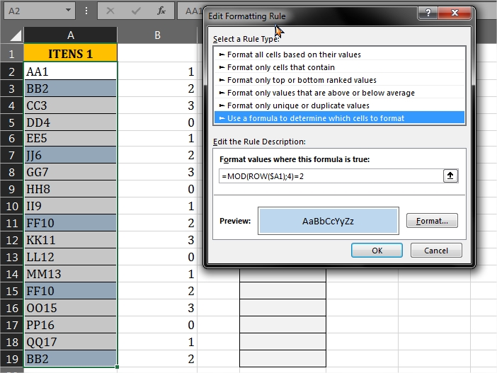 Aplicando função MOD na formatação condicional em Remover Itens Destacados no Excel