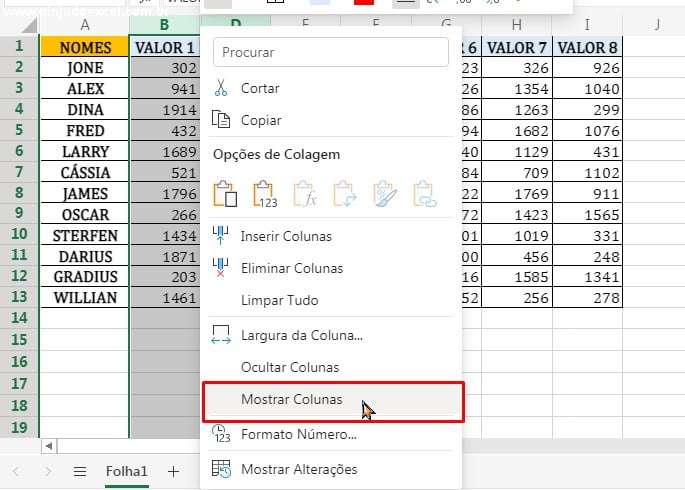 Botão direto em mostrar colunas em Desocultar Colunas e Linhas no Excel