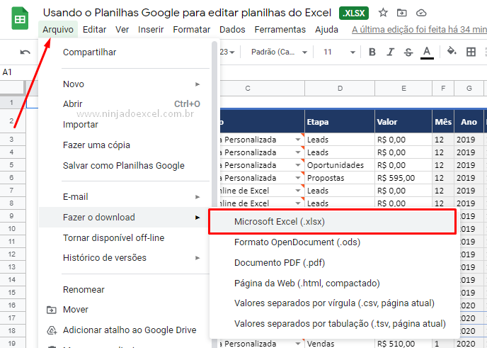 Download da Planilhas Google para editar planilhas do Excel