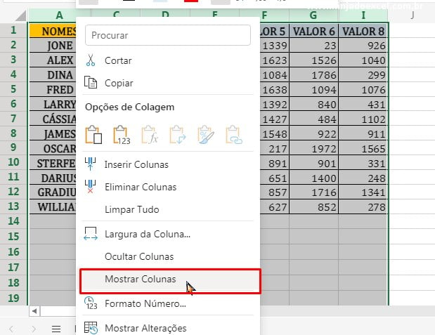 Exibindo Todas as colunas ocultas em Desocultar Colunas e Linhas no Excel