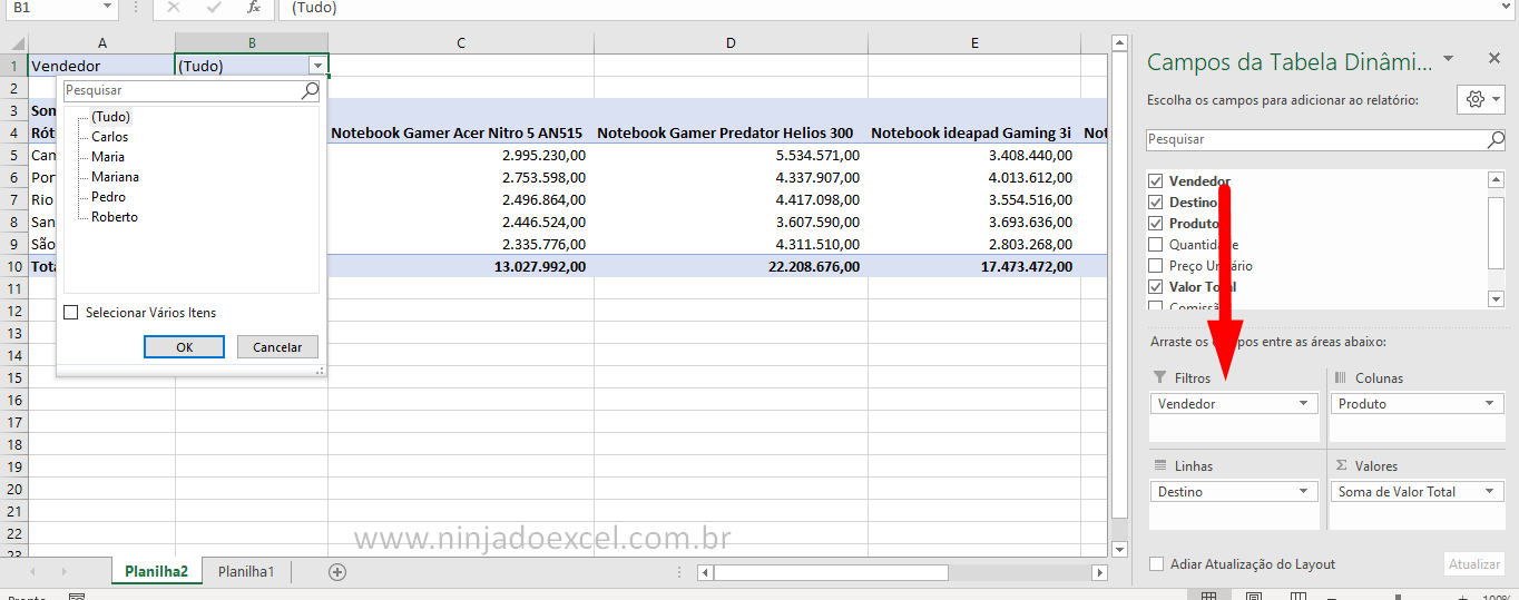 Filtro para Uma Tabela Dinâmica no Excel