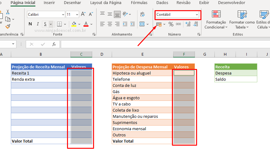 Formatando como contábil para criar uma planilha no Excel novamente
