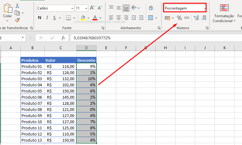 Formatando como porcentagem para criar uma planilha no Excel