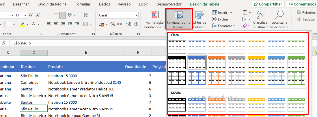 Formatando como tabela Uma Tabela Dinâmica no Excel