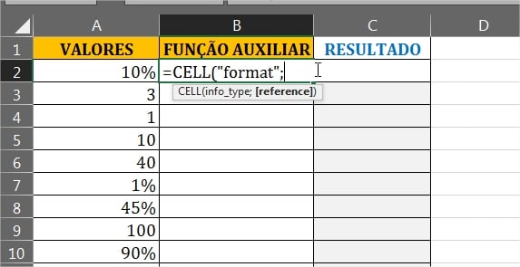 Função CEL opção formato, em Extrair Formatos em Porcentagem no Excel
