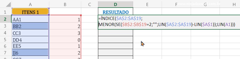 Função ÍNDICE em Remover Itens Destacados no Excel