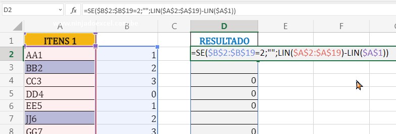 Função LIN em Remover Itens Destacados no Excel