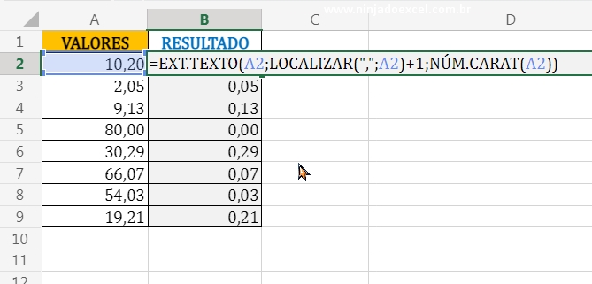 Função núm.caract em Teste de Excel