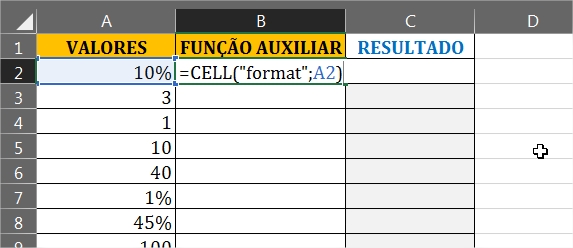 Indicando a célula A2 no segundo argumento da função CEL em Extrair Formatos em Porcentagem no Excel