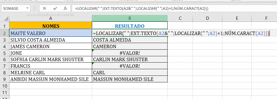 Nova Função Localizar para Extrair o Segundo Nome no Excel