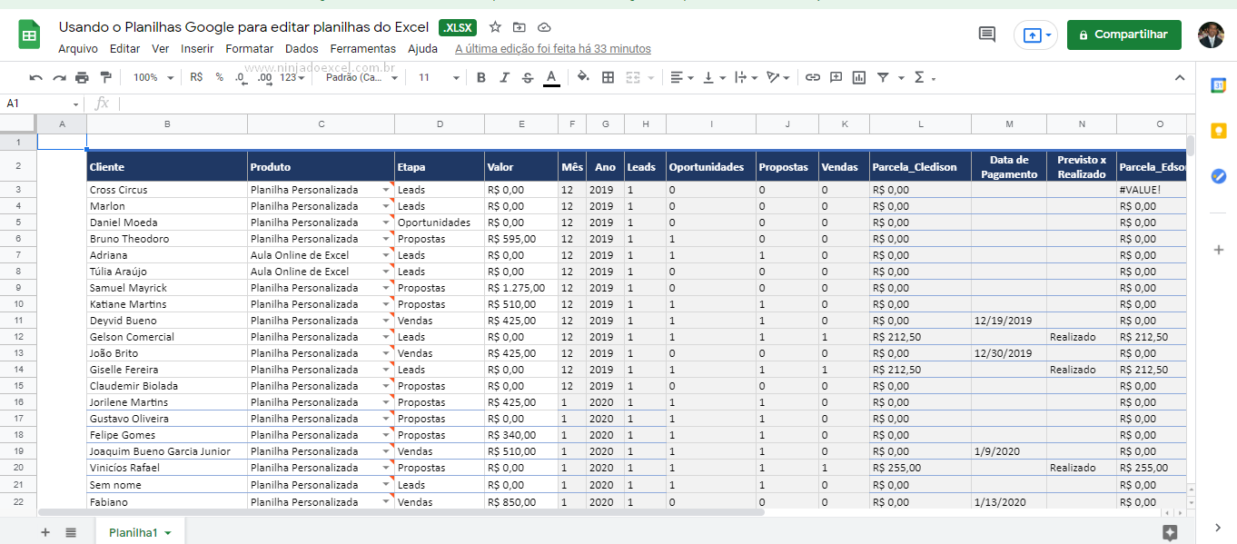 Planilhas Google para editar planilhas do Excel