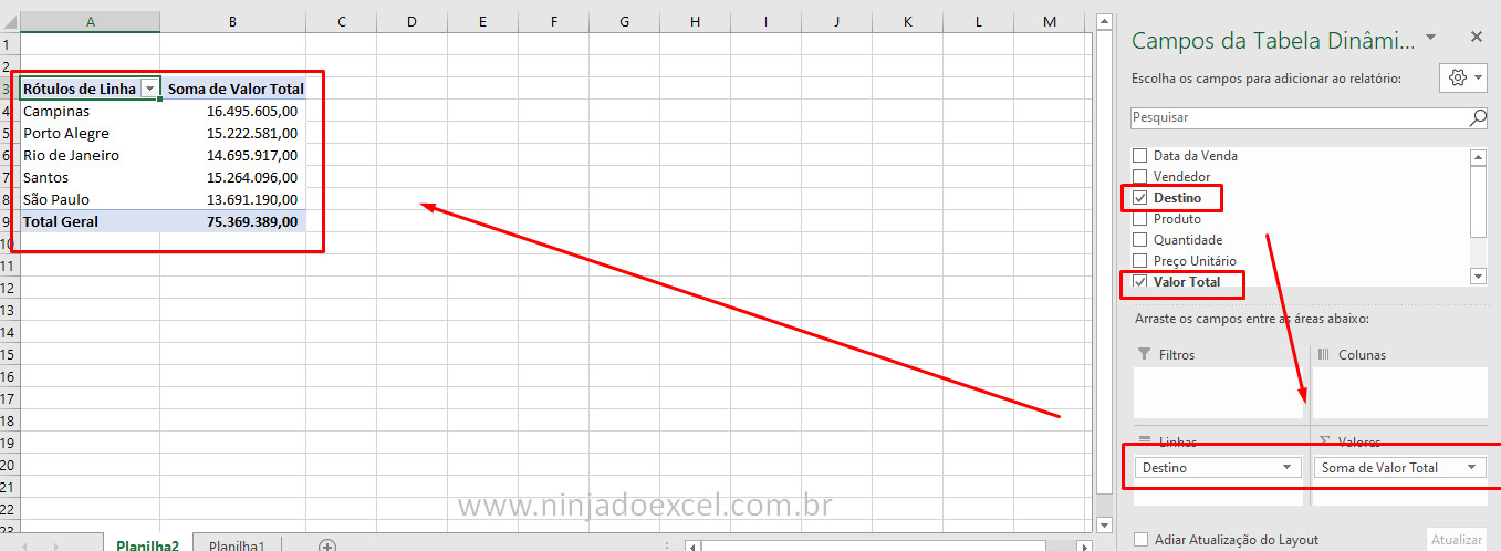Primeiro exemplo de Uma Tabela Dinâmica no Excel
