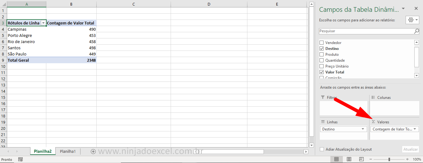 Resultado da Contagem de Uma Tabela Dinâmica no Excel