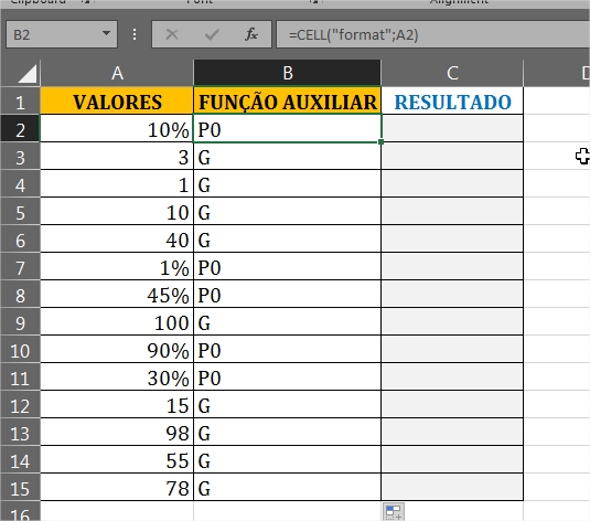 Resultado da função CEL em Extrair Formatos em Porcentagem no Excel
