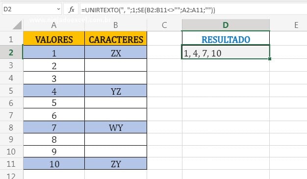 Resultado da função Unirtexto em Como Juntar Valores em uma Célula no Excel