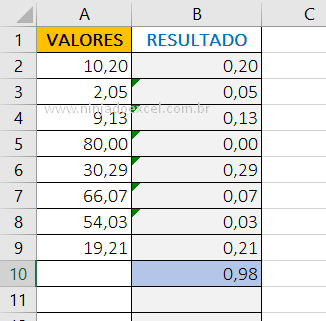 Resultado de Como Extrair o Decimal de um Número no Excel