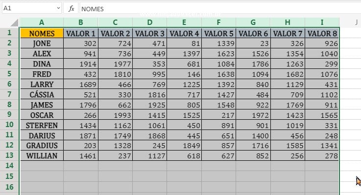 Resultado final em Desocultar Colunas e Linhas no Excel