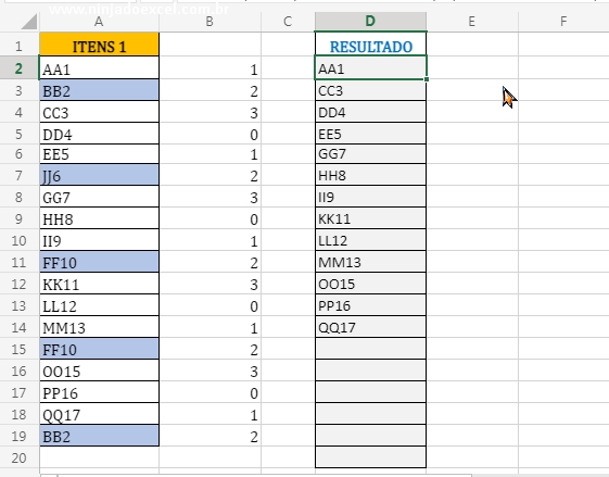 Resultado final em Remover Itens Destacados no Excel