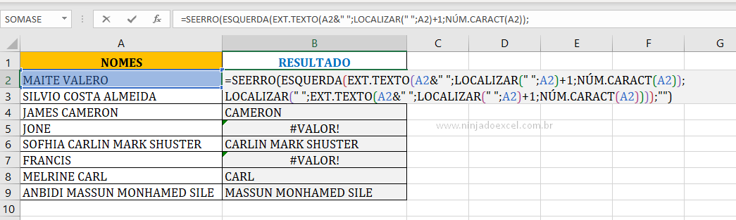 SEERRO para Extrair o Segundo Nome no Excel