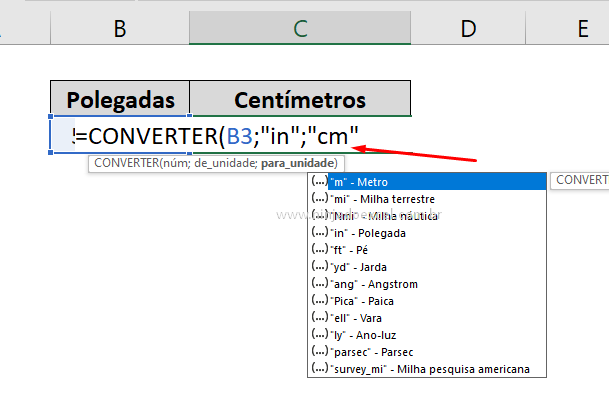 Segunda unidade para Converter Polegadas para Centímetros no Excel