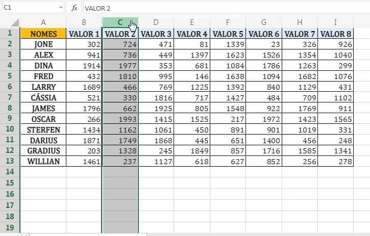 Seleção da coluna C em Desocultar Colunas e Linhas no Excel