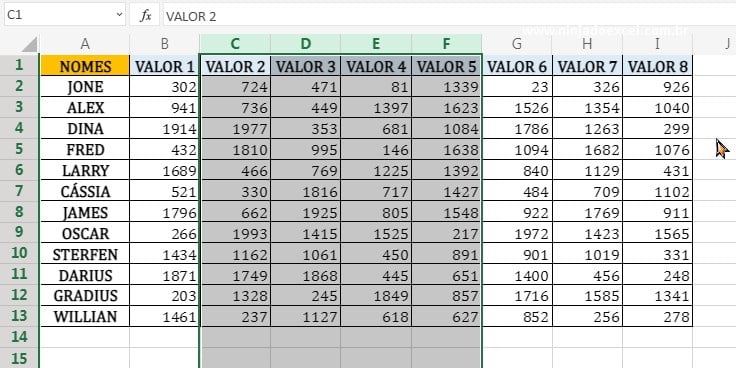 Selecionando colunas B,C,D,E e F em Desocultar Colunas e Linhas no Excel