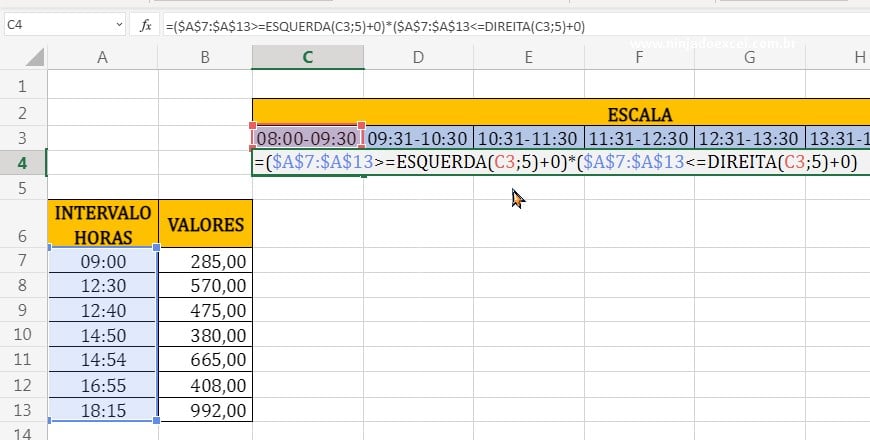 Teste lógico E, entre função esquerda e direita em Somar Valores Entre Intervalos de Horas no Excel