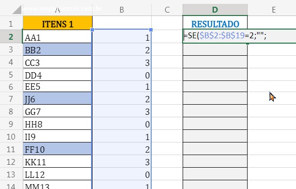 Teste lógico função SE em Remover Itens Destacados no Excel