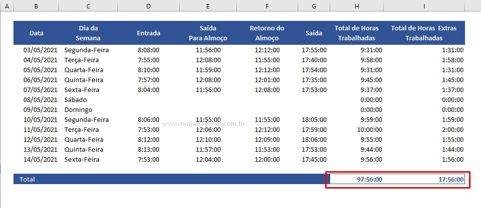 Total de extras na hora de Calcular Horas Trabalhadas no Excel