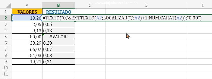 Usando a função Texto em Teste de Excel