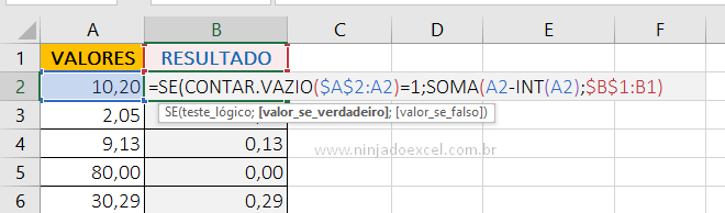 Valor falso da Extrair o Decimal de um Número no Excel