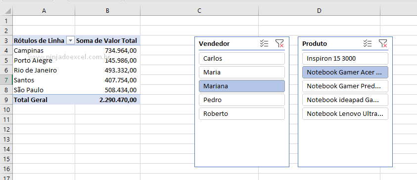 segmentação de dados em Uma Tabela Dinâmica no Excel