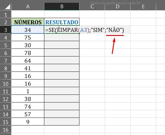 Argumento falso na função SE em Usar a Função ÉIMPAR no Excel