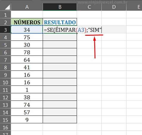 Argumento verdadeiro da função SE em Usar a Função ÉIMPAR no Excel