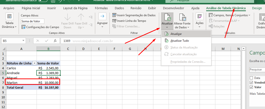 Atualizar Tabela Dinâmica Excel