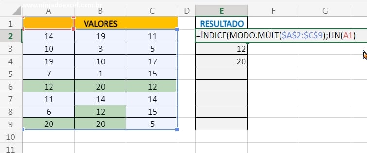 Buscando os resultados com a função índice em Valores que Mais se Repetem no Excel