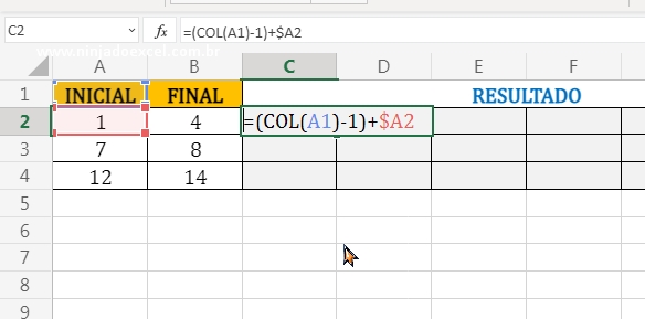 Calculo com a função COL em Sequencia Entre Dois Números no Excel