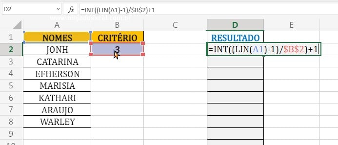 Calculos entre funções INT e LIN em Repetir Nomes Através de um Índice no Excel