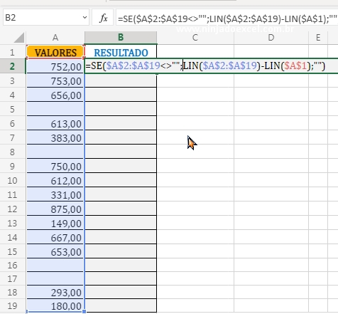 Condição função Se resultado com teste lógico função Lin em Calcular o Acumulado no Excel