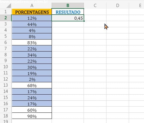 Decimal e de 0,45 em Contar um intervalo de porcentagens no Excel