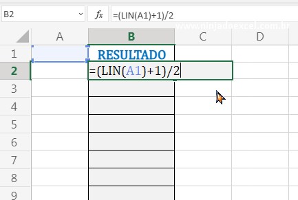 Divisão por 2 da função LIN em Como Gerar um Intervalo de Páginas no Excel