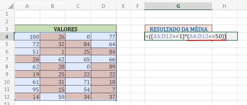 Entendendo a lógica E, segundo teste lógico em Média com 4 Critérios no Excel