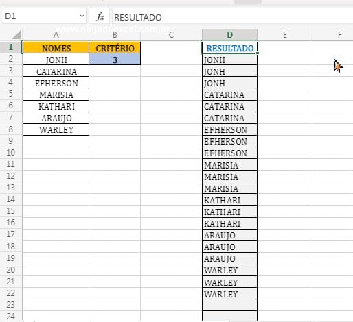 Entendendo o objetivo em Repetir Nomes Através de um Índice no Excel