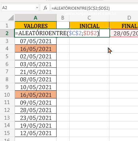 Função Aleatórioentre em Aleatórias sem Repetir no Excel
