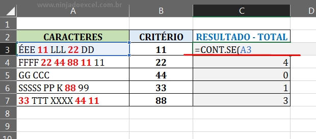 Função CONT.SE em Números em meio a Caracteres no Excel