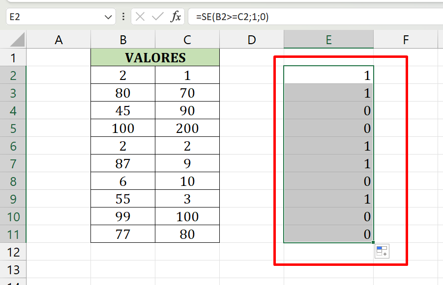 Função Degrau no Excel, resultado da função se