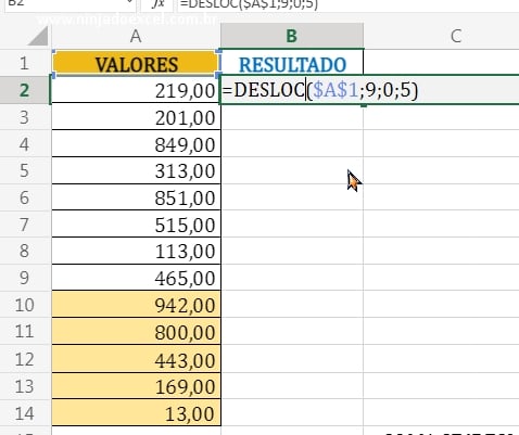 Função Desloc e seus argumentos em 5 Últimos Valores no Excel
