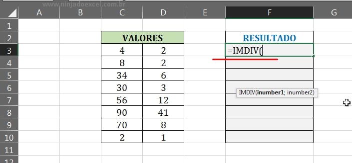 Função IMDIV em Função IMDIV no Excel