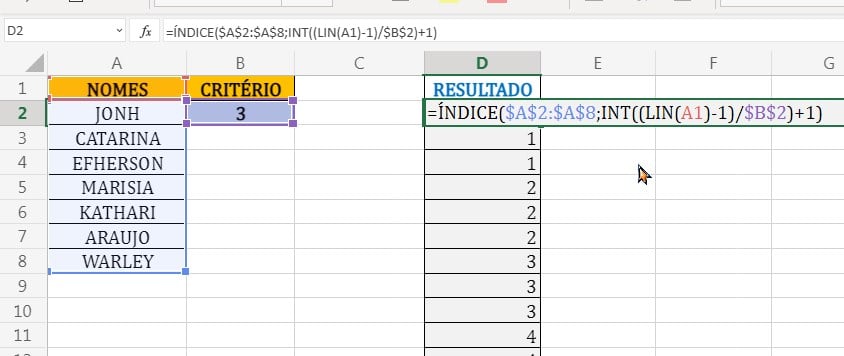 Função ÍNDICE Repetir Nomes Através de um Índice no Excel